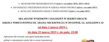 Od 1 marca rusza w Dygowie rekrutacja na Rok Szkolny 2019/2020