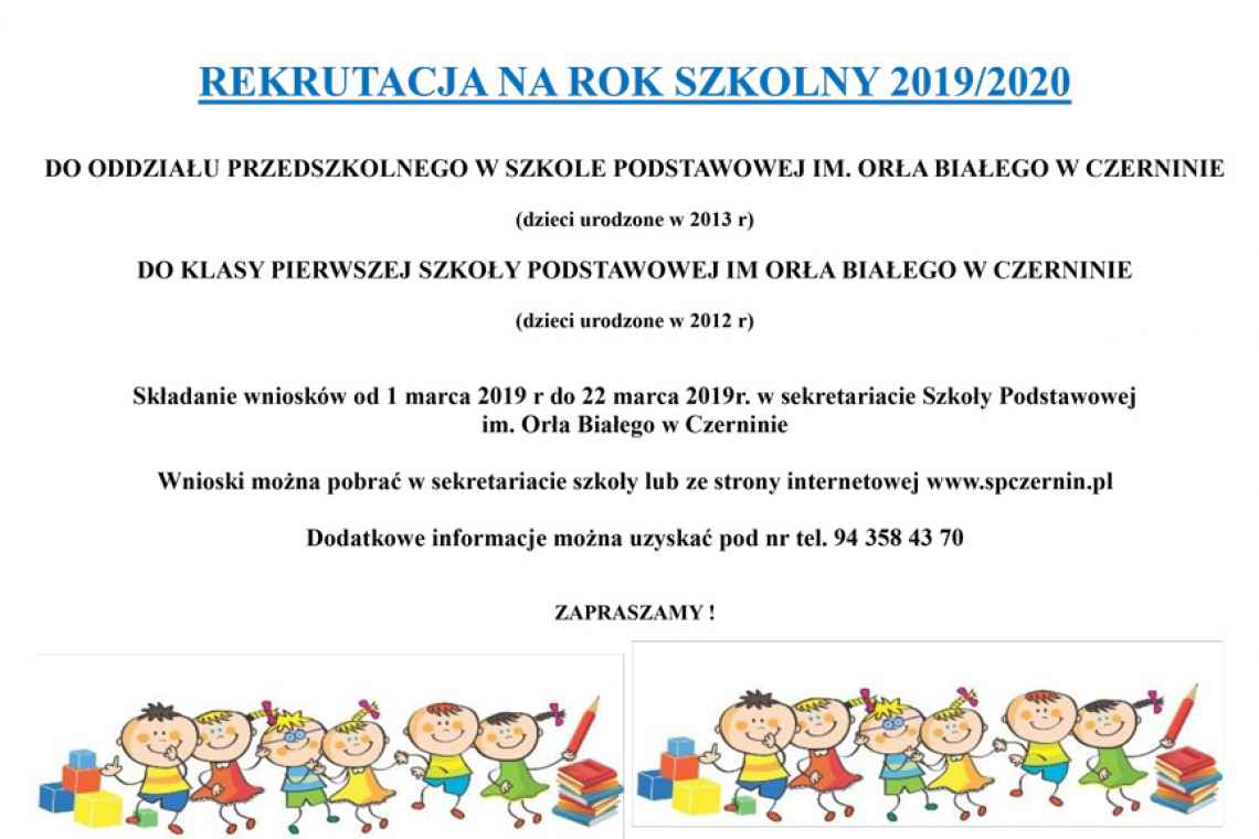 Rekrutacja na Rok Szkolny 2019/2020 do szkoły w Czerninie