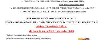 Szkoła Podstawowa w Dygowie ogłasza rekrutację uzupełniającą